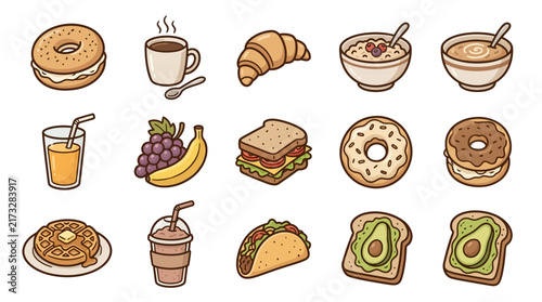 Clean Flat Set of 15 Colorful Breakfast Snack and Drink Items Including Bagels Coffee Croissants Oatmeal Juice Fruit Sandwiches Donuts Waffles Smoothies Tacos Avocado Toast