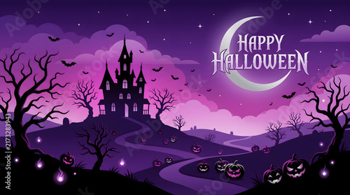 Spooky halloween background with haunted castle, crescent moon, and glowing jackolanterns