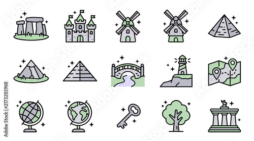 Clean Minimalist Line Icons Set of Travel Landmarks and Adventure Symbols in Monochrome and Green