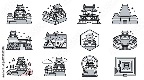 Clean Minimalist Line Art Illustrations of Japanese Castles with Various Architectural Styles and Symbolic Icons