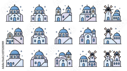 Clean Minimalist Line Art Icons of Greek Architecture and Windmills with Blue and White Color Scheme