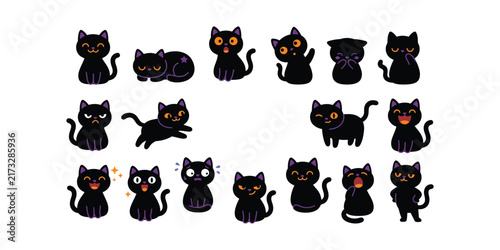 Set of cute black cat stickers in various poses isolated on a white background for halloween decoration