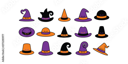 Set of colorful cartoon witch hats for halloween celebration isolated on a white background