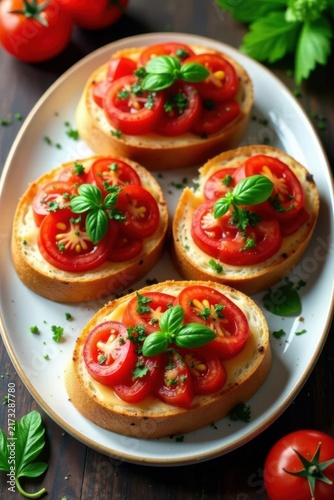 Symmetrical bruschetta display, vibrant tomatoes & herbs on a flat serving dish , flatlay, italianfood, summerfood