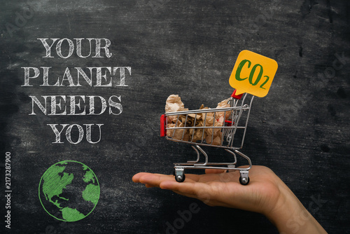 A miniature shopping cart filled with crumpled paper and a CO2 sign is held on a hand against a chalkboard background with the text 'Your Planet Needs You'.