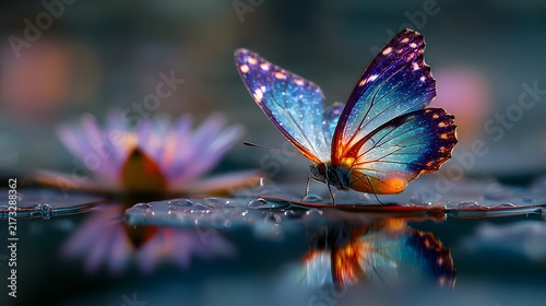 Glowing blue butterfly resting on water lily leaf with reflection in pond for fantasy nature background design.