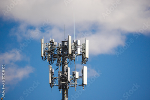 Close-Up Cellular Antenna Array Against Blue Sky