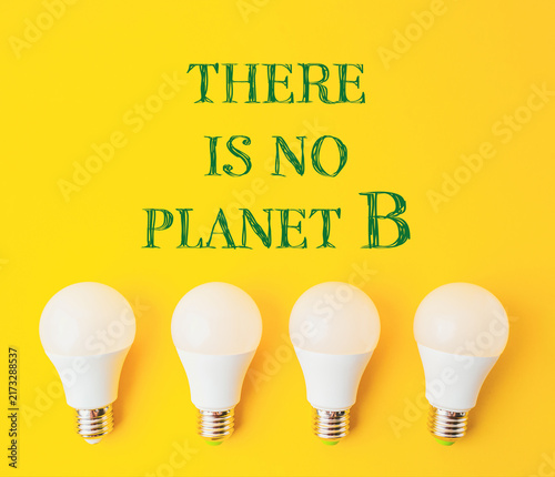 Four LED light bulbs arranged in a row below the text 'There is no planet B' on a vibrant yellow background, emphasizing environmental awareness and sustainability.
