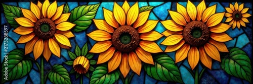 Vibrant sunflower stained glass, intricate details, digital, nature, design