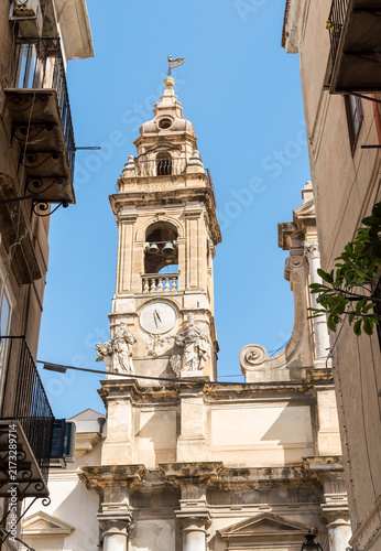 Baroque bell tower of the Church of Sant Ignazio all'Olivella, located in the historic center of Palermo, Sicily, Italy.