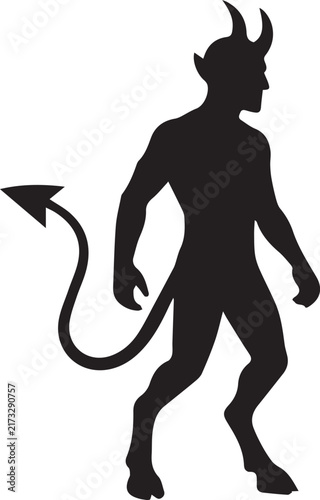 Devil silhouette vector icon with horns, tail and pitchfork for Halloween design