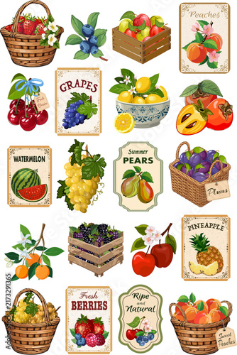 Fruits and berries in baskets and stickers.Vector color illustration with fruits and berries in baskets, boxes and vintage style postcards.