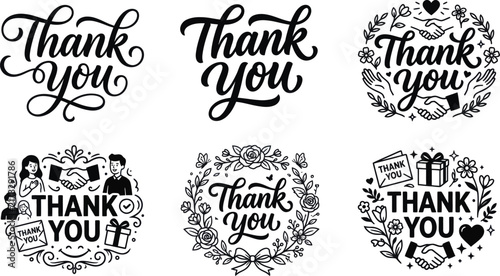 Bild auf Leinwand Set of six black and white thank you calligraphy hand lettering designs with flo