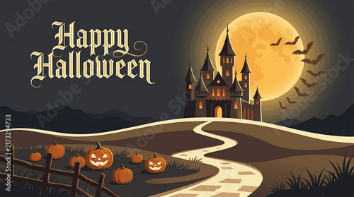 Spooky gothic castle on a hill under a harvest moon with pumpkins and bats, happy halloween text
