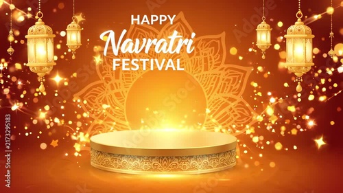 Happy Navratri Festival Red Background Gold Mandala Festive Stage