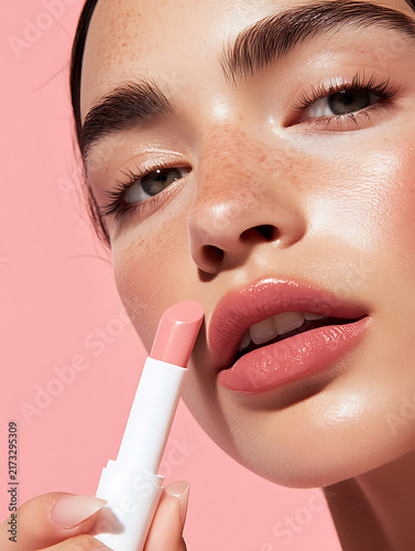 Close-up of a woman applying glossy pink lip balm with a clean white applicator