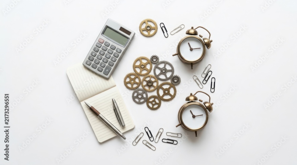 Fototapeta premium Business process optimization with gears, clocks, and office supplies, symbolizing efficiency and strategic planning.