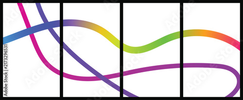 Abstract gradient thick stroke continuous line artwork creating elegant flowing wave curves across four connected panels