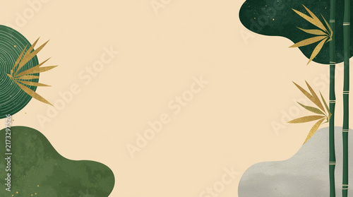A calming minimalist abstract Japanese Zen background featuring dark green bamboo, gold leaves, stone shapes, and concentric ripples on a beige canvas with ample copy space.