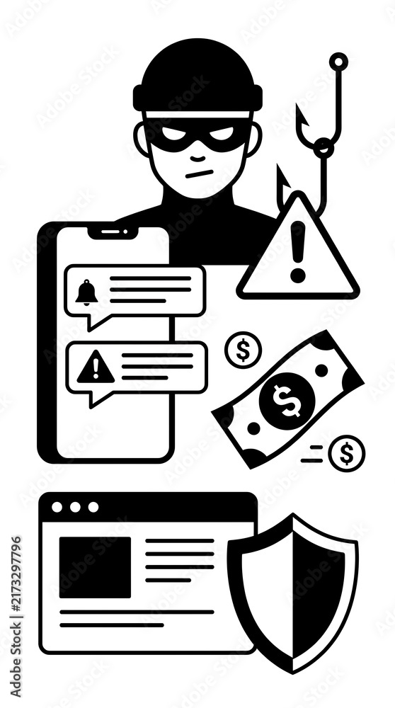 Fototapeta premium Black and white vector illustration depicting a cyber scam or online fraud concept.