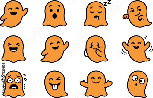 Orange halloween ghost emoji character set with funny expressions