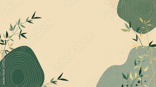 A calming minimalist abstract Japanese Zen garden background featuring green stone shapes, concentric ripples, bamboo leaves, and gold accents on beige with ample copy space.