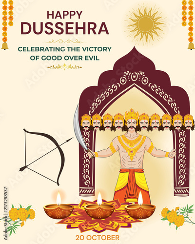 Dussehra Festival Poster with Traditional Arch, Diyas and Rangoli