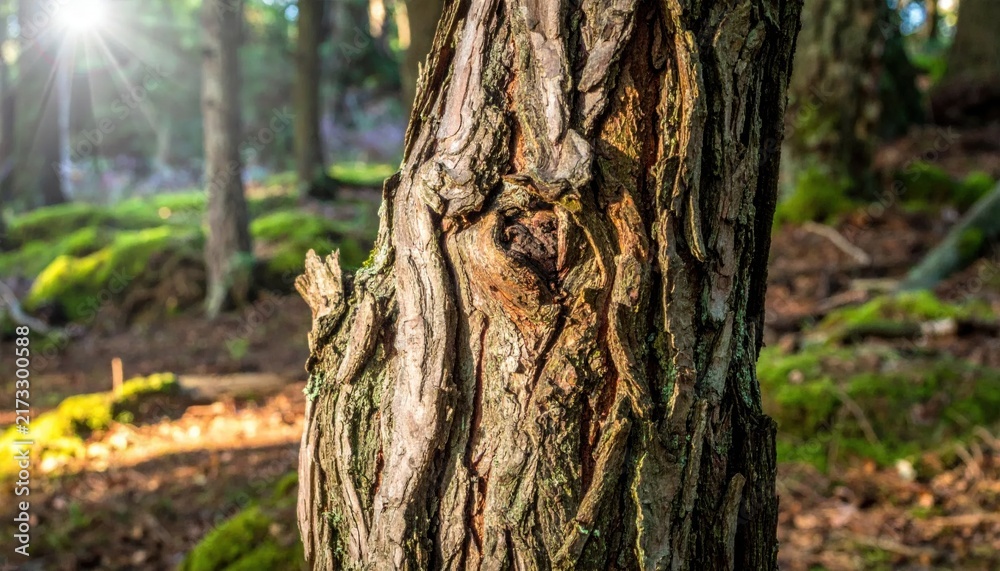 Fototapeta premium Intricate Tree Bark Texture in a Sunlit Forest Setting, Showcasing Natural Wood Detail