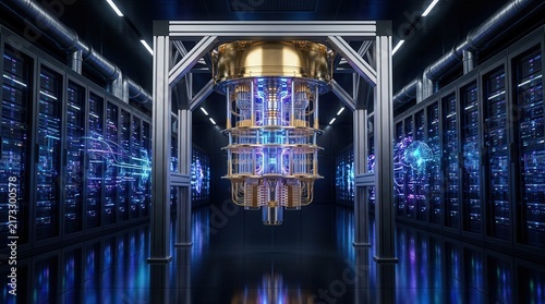 Obraz na płótnie Advanced quantum server network featuring a central quantum computer machine.