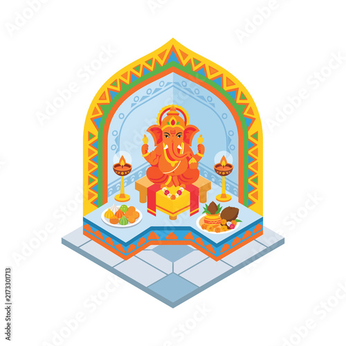 Obraz na plátně Colorful arch frame with lord ganesha idol vector illustration for hindu religio