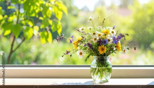 Vibrant Wildflower Bouquet in Glass Vase on Sunny Window Sill with Blurred Greenery