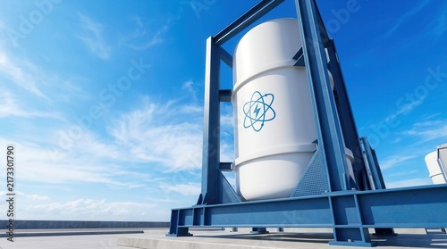 A futuristic small modular reactor (SMR) power plant component in a bright outdoor setting.