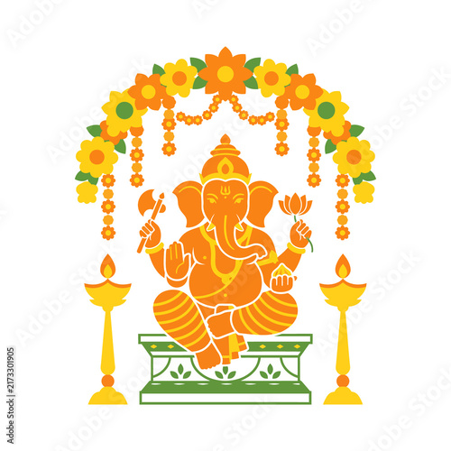 Fotografía Yellow lord ganesha sitting under floral arch with lamps vector illustration for