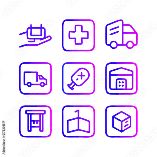 Set of 9 Gradient Line Icons for Logistics, Healthcare, and Warehouse Management Systems