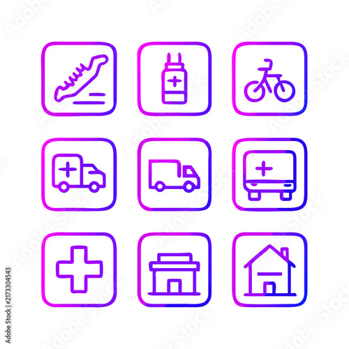 Set of 9 Gradient Line Icons for Healthcare, Medical Services and Transportation
