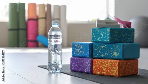 Yoga Studio Setup with Stacked Colorful Blocks and Water Bottle on Mat