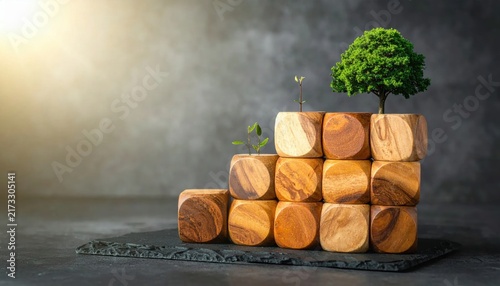 Wooden blocks stacked in tiered formation with growing saplings and lush green tree