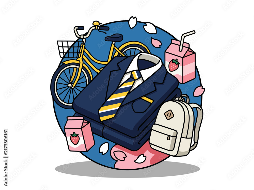 Fototapeta premium Corporate outfit with backpack and bicycle in a circular vector collection