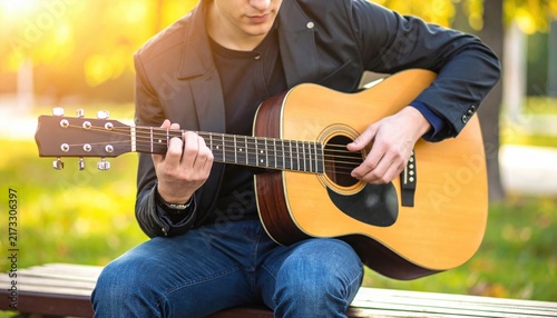 Young man playing acoustic guitar outdoors, captured in a warm, natural light setting.