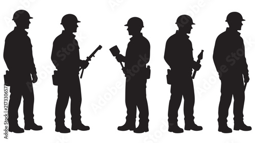 Silhouette Line Art of Security Guards Holding Batons, Radios, and Walkie-Talkies - Police, Patrol, Safety Officer Vector Illustration