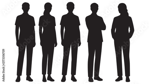 Silhouette Vector People Standing in a Line - Minimalist Black and White Human Figures for Design, Presentation, and Social Media Graphics