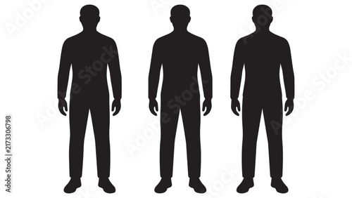 Three Silhouette Figures Standing Side by Side Minimalist Black and White Vector Illustration for Design Projects