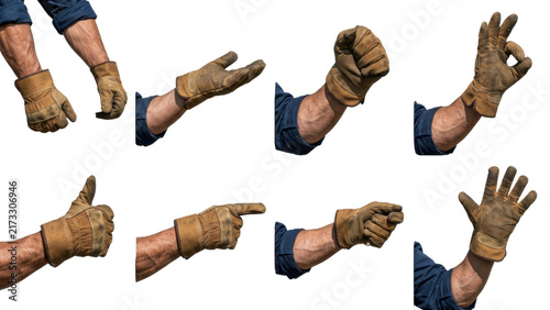 Various male hand gestures wearing brown protective glove isolated on black