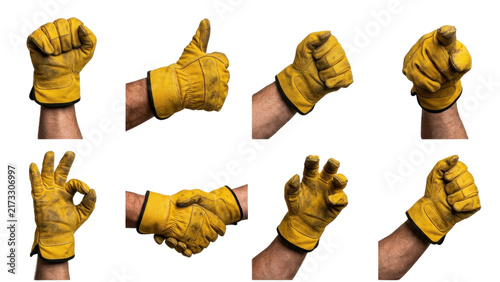 Hand gestures in yellow work glove isolated on transparent background