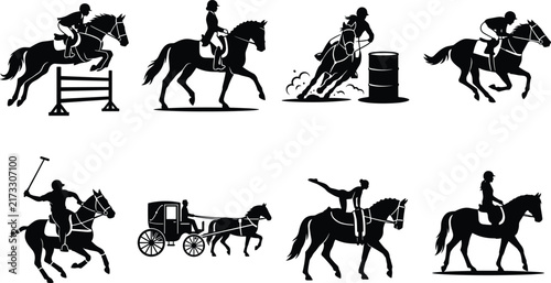 Set of black silhouettes of equestrian sports, horse riding disciplines, carriage driving, and horseback activities.