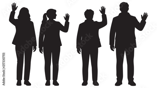 Professional Silhouette People Raising Hands in Business Meeting or Presentation - Vector Illustration