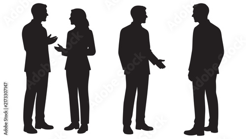 Professional Business People Silhouettes in Conversation - Corporate Meeting Discussion Vector Illustration