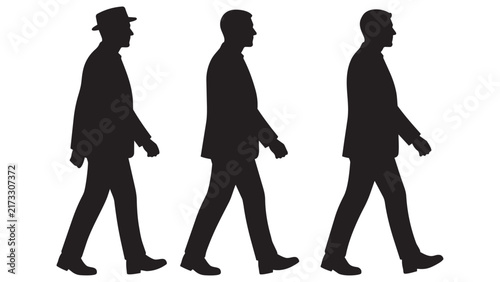 Silhouette Sequence of Three Men Walking in Different Styles - Modern Minimalist Black Figure Motion Illustration