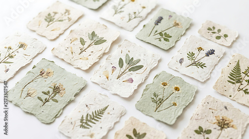 Collection of handmade paper cards with pressed dried flowers