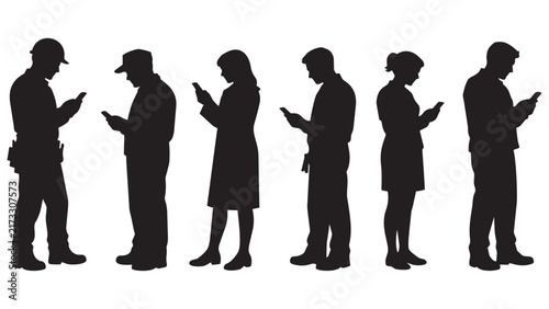 Modern Silhouette People Standing in Line Using Smartphones - Digital Device Usage Concept Illustration